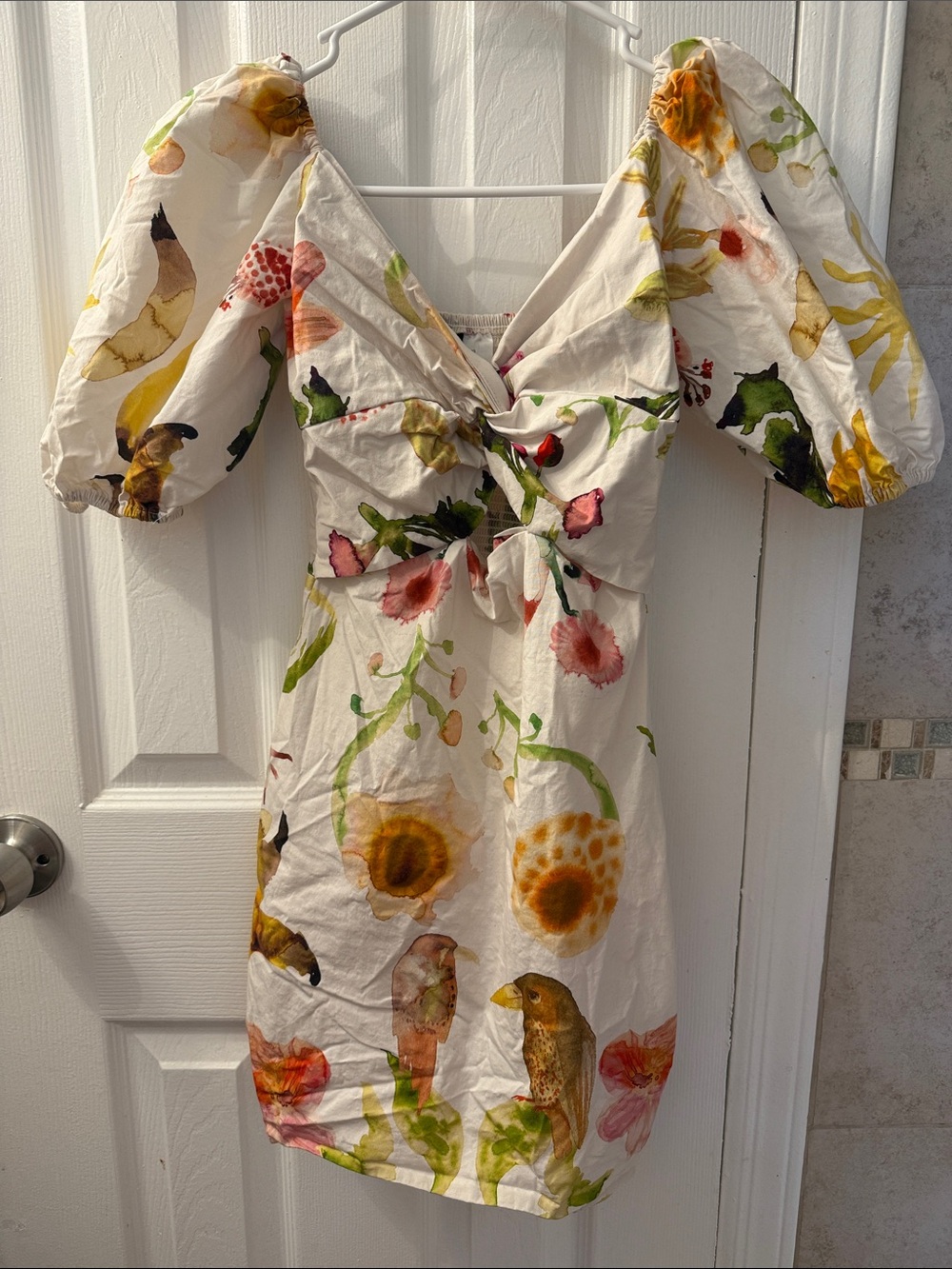 Floral Puff-Sleeve Tie-Front White Mini Dress